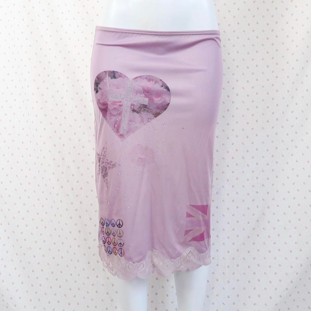 y2k mcbling purple cross graphic lace slip skirt rhinestone floral